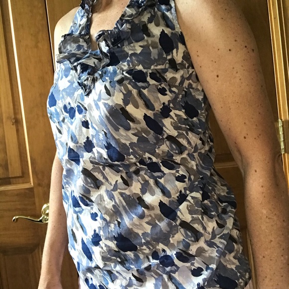 Loft Sleeveless Small Blue White Grey Top Ruffle - Picture 11 of 12